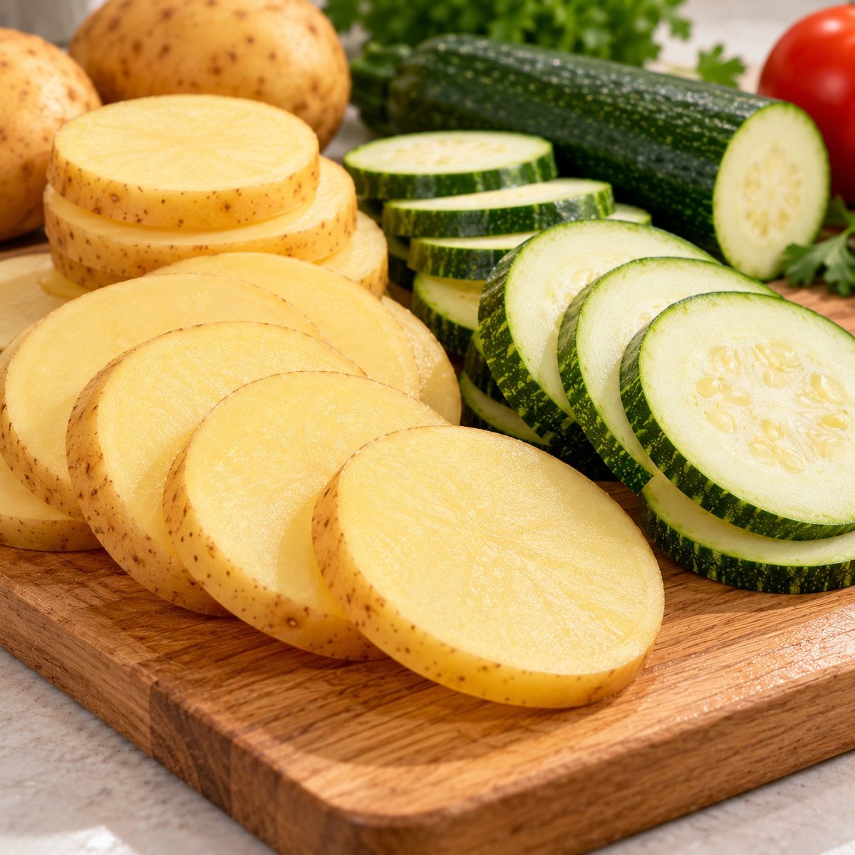 Batata e abobrinha fatiadas